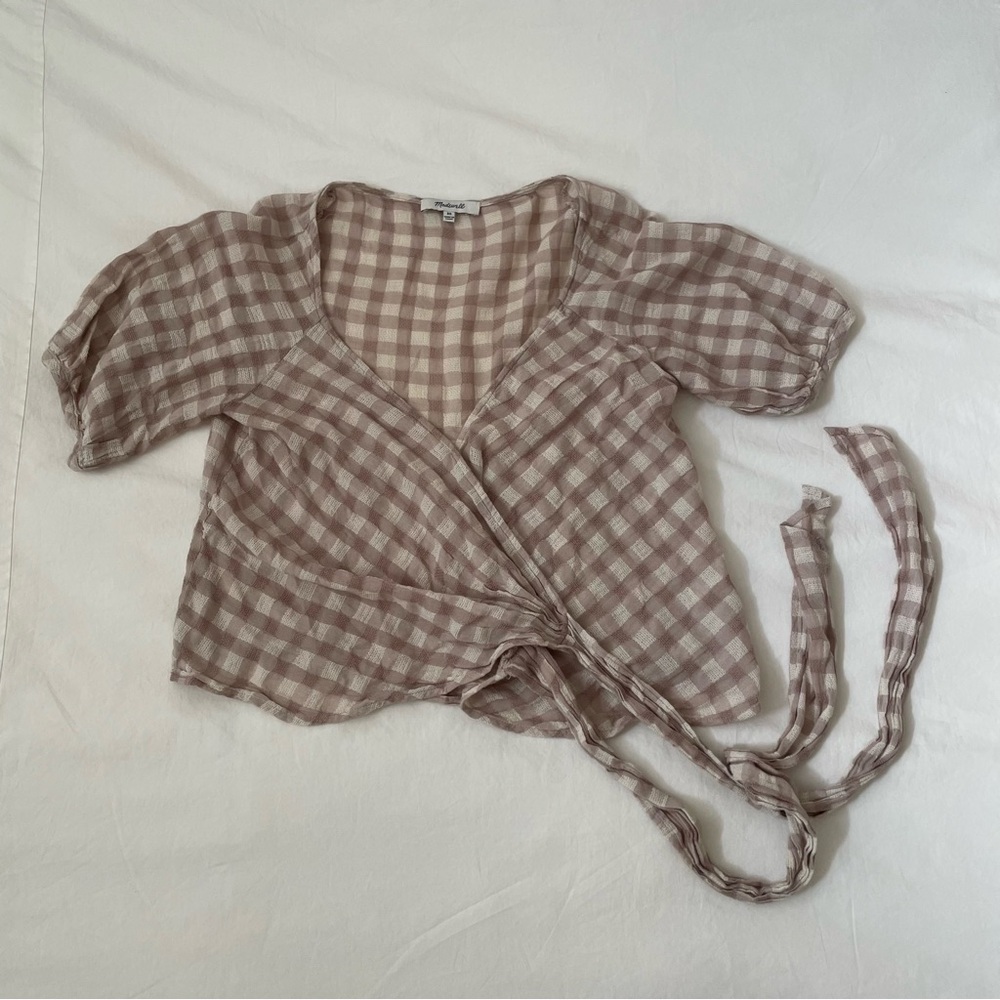 Madewell Cream and Taupe Gingham Tie-Waist Blouse